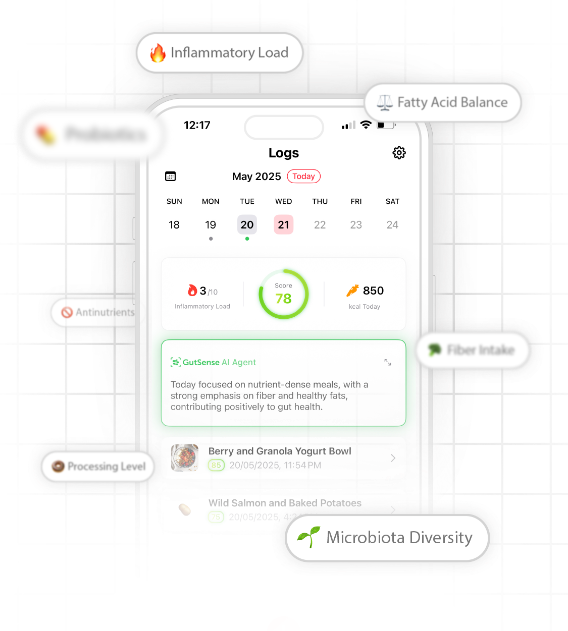GutSense app screen with floating gut-health metrics: inflammatory load, fatty acid balance, probiotics, fiber intake and microbiota diversity
